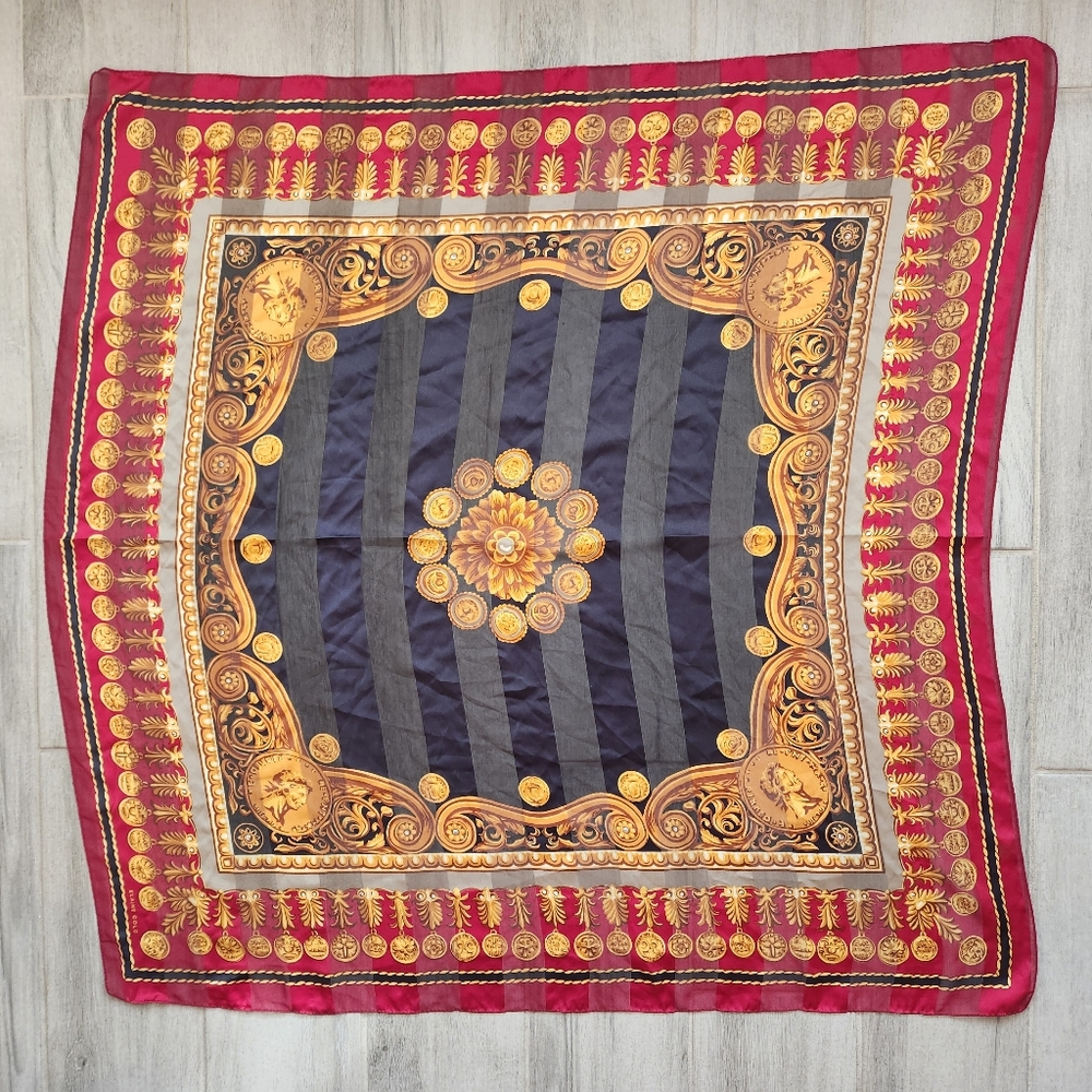 Elaine Gold Scarf Red Black Gold Silk Square Striped Roman Coin Greek Medallions
